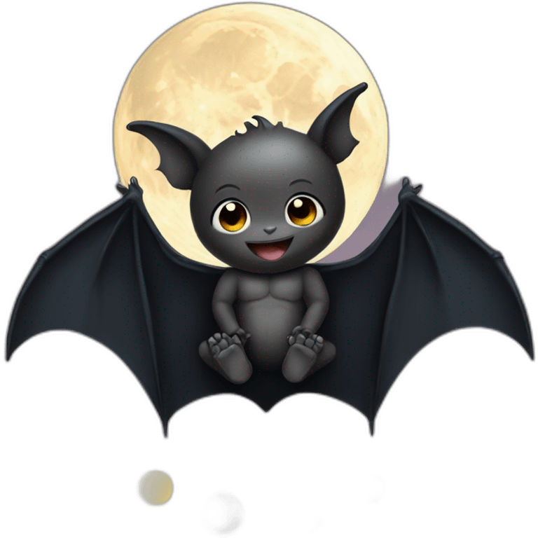 black happy baby bat wings sitting in front of moon holding feet emoji