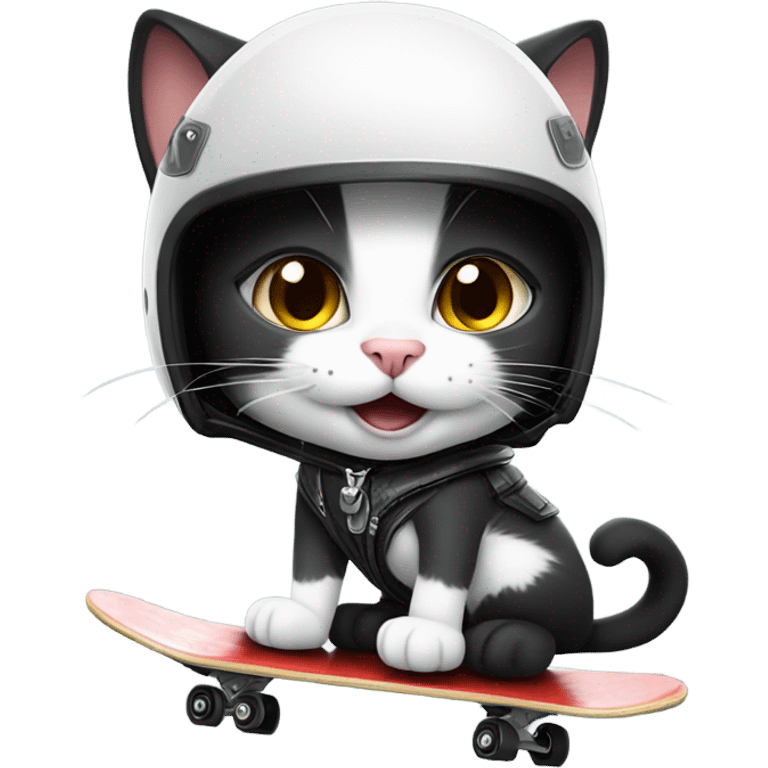 Smiling Black and white cat skateboarding with crash helmet  emoji