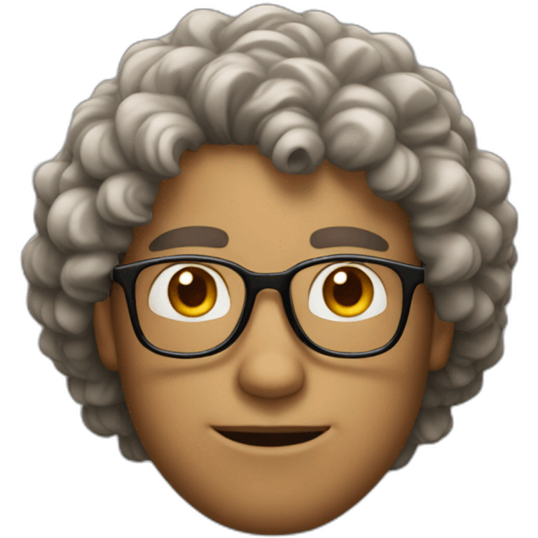 man with glasses, darn bown curly hair on top of head emoji