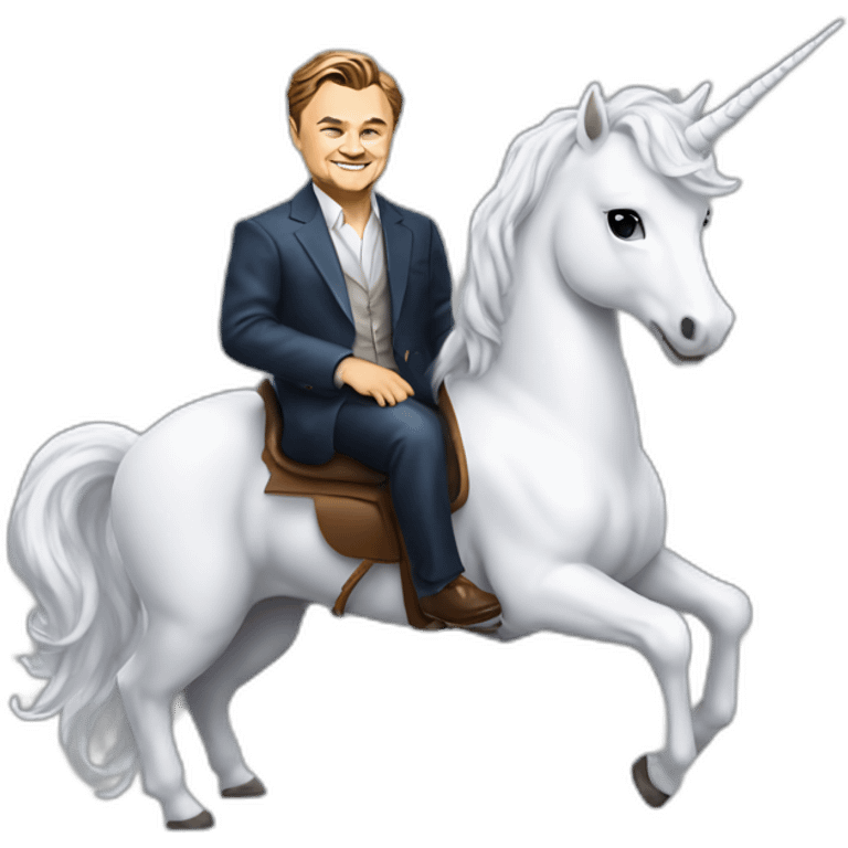 Leonardo DiCaprio smiling and sitting on a white unicorn as a rich billionaire emoji