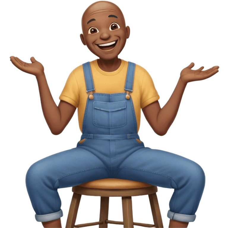 Side view Laughing histarically Old bald black man sitting on stool wearing overalls emoji