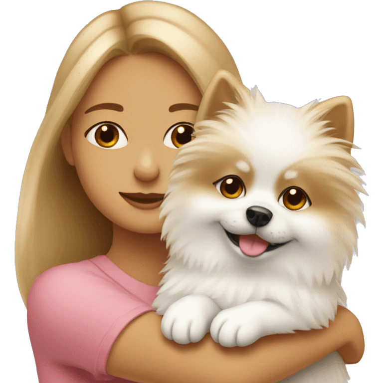 Bronde girl hugging white pomeranian emoji