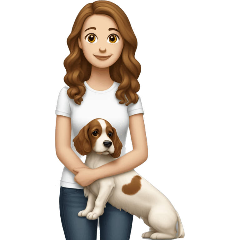 White Girl with brown hair holding yellow cocker spaniel mix emoji