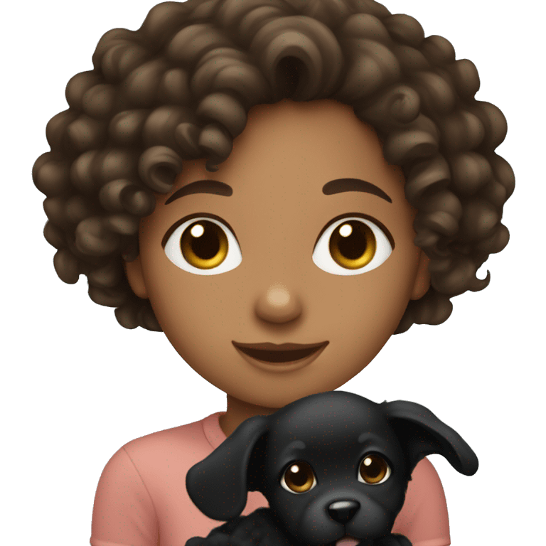 Brunette girl with curly hair holding a black puppy emoji