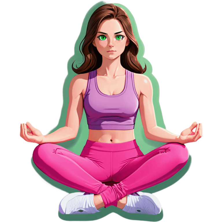 A girl with brown long hair, fair skin and green eyes meditates in a pink tank top and pink leggings emoji