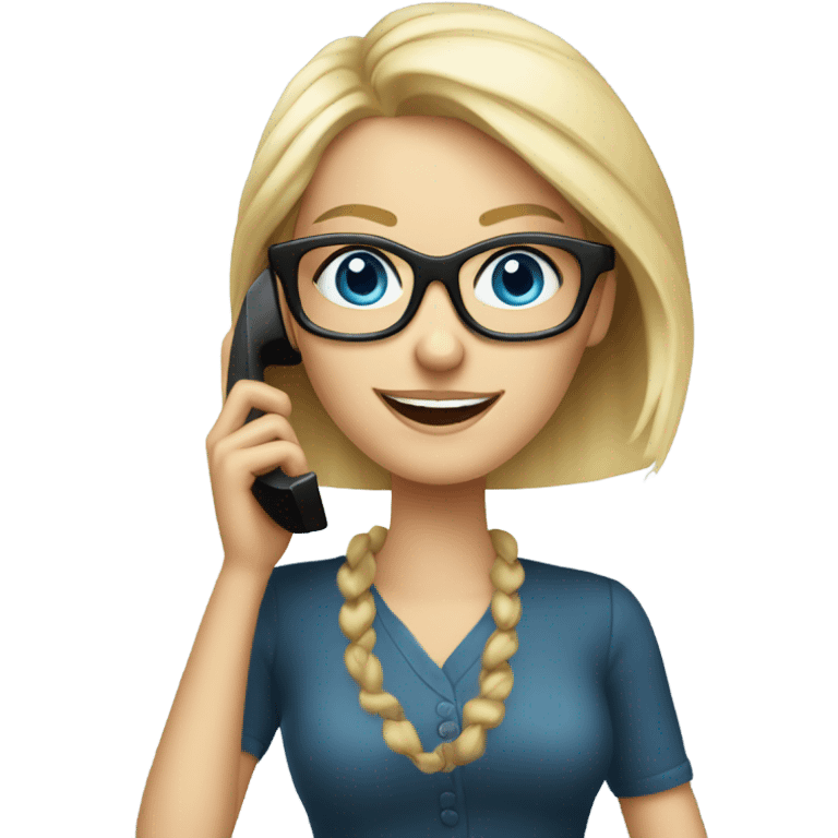 Elegant real blonde girl with glasses happy blue eyes talking on a phone  emoji