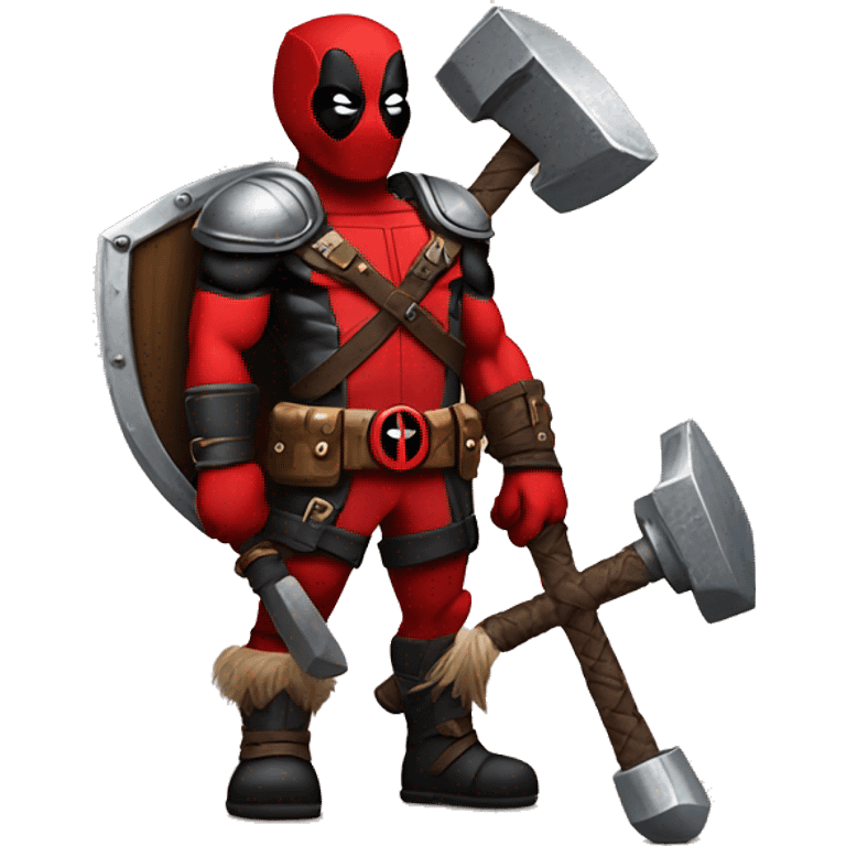 Deadpool holding Viking shield and thors hammer emoji