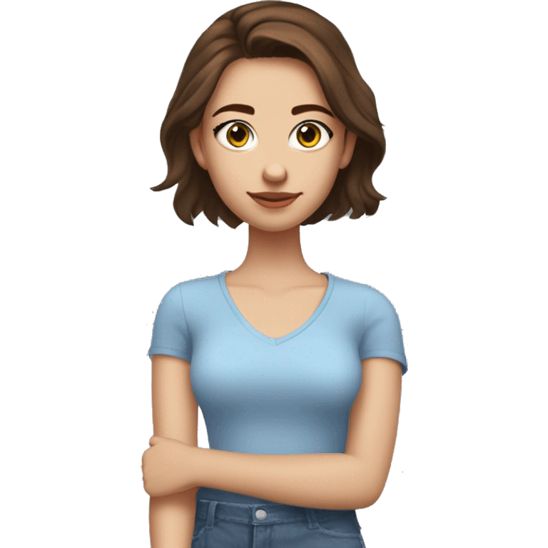 19 year old girl with dark brown auburn hair and slightly bushy eyebrows with blue eyes, short eyelashes and gold earrings wearing a top that says “milana” on emoji