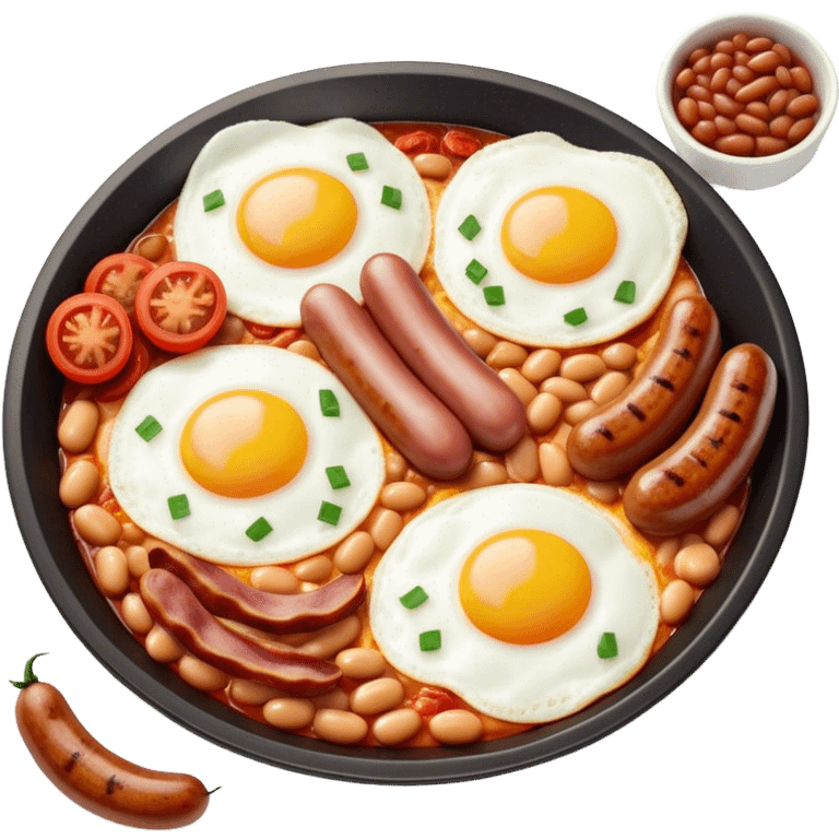 Cinematic Realistic English Breakfast Dish Emoji, showcasing a hearty ensemble of eggs, bacon, sausages, baked beans, and grilled tomatoes rendered with lifelike texture and vibrant, appetizing detail that exudes comforting tradition. emoji