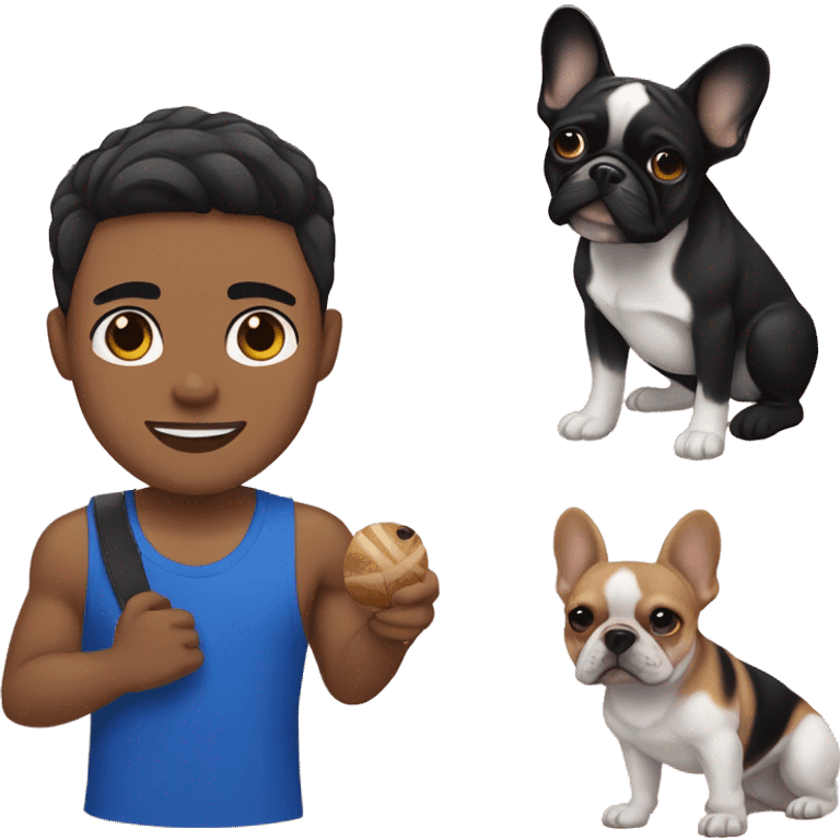 athletic light skin male with black fade hairstyle holding a french bulldog emoji