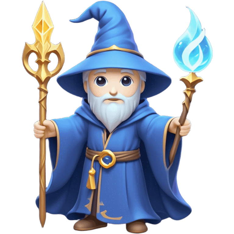 Clash of Clans aesthetic: Cinematic Playful Wizard Hero Emoji, rendered in a 3D vector-style similar to standard emojis with minimal shading and bold, simplified shapes. A compact, isometric figure draped in flowing enchanted robes and wielding a mystical staff, softly glowing with an arcane magical charm. Simplified yet unmistakably iconic, highly detailed and consistent, glowing with a soft radiant glow and high shine. Stylized with a touch of whimsical sorcery and a soft glowing outline, capturing the essence of a powerful wizard ready to cast spells with a friendly, playful spirit! emoji