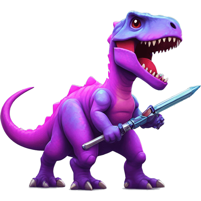 Retrowave dinosaur with a flail and shield chibi  emoji