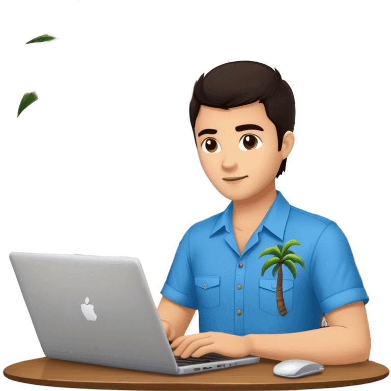 A digital nomad in bali working on a laptop wearing a tropical blue shirt with a palm tree on the side emoji