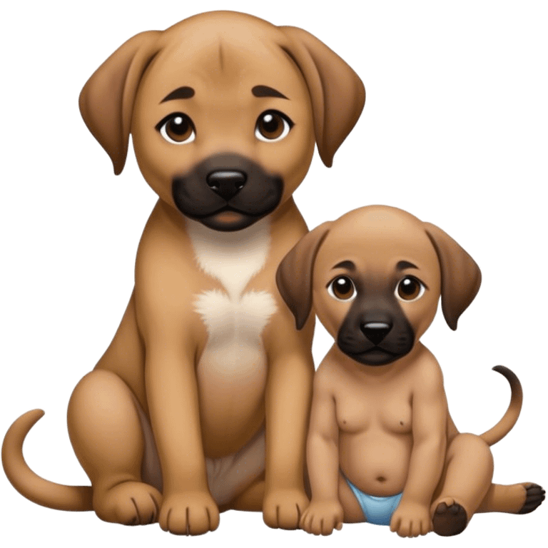 Black mouth cur sitting next to a baby with dark brown hair emoji