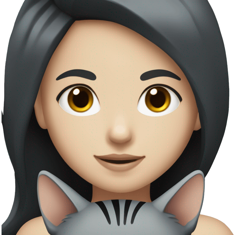 White skin girl with black hair and black eyes holding a grey cat and smiling  emoji