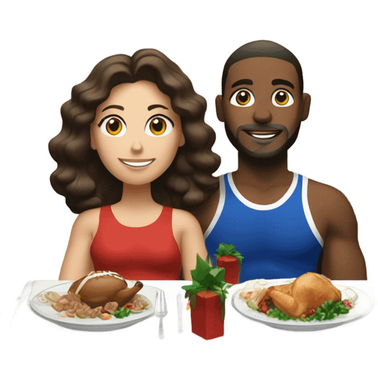 emoji Sporty white couple, man and woman in sportswear, sitting at Christmas holiday dinner table emoji