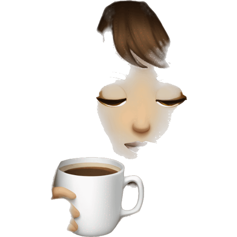 girl inside a blanket sipping coffee eyes closed white skin, brown hair and bangs emoji