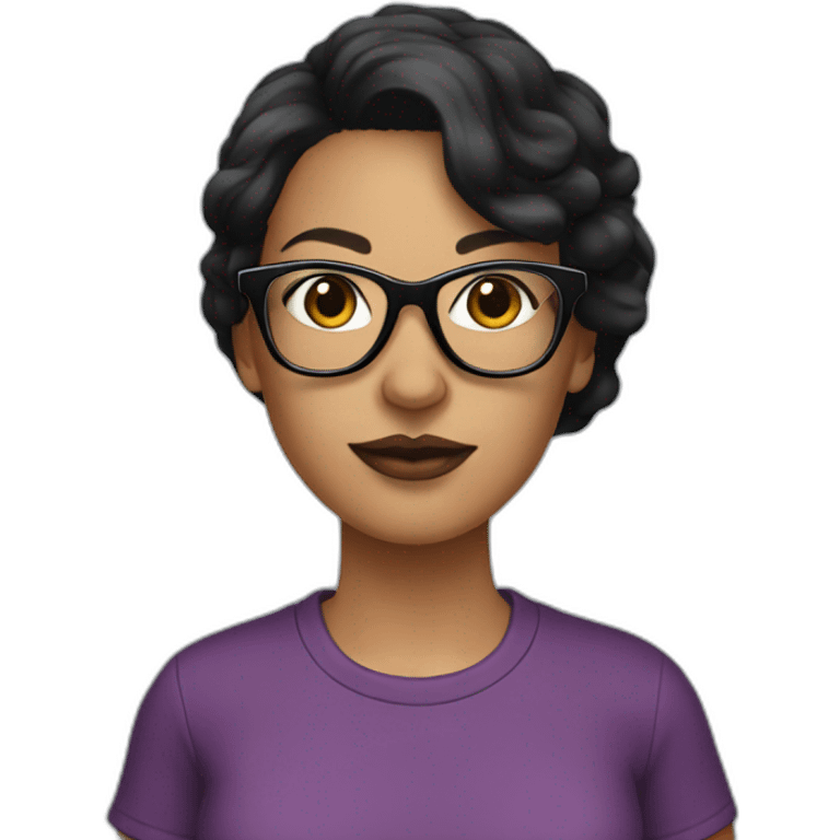 Dark haired woman with black glasses wearing a t-shirt that says swagger on it emoji