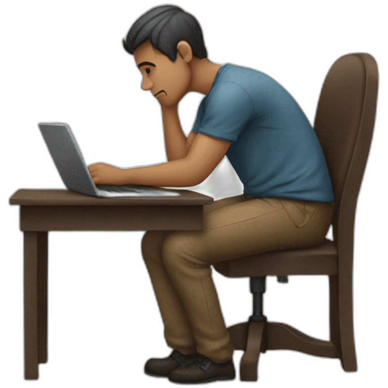 a man with a bad posture sitting on a cahir and using his laptop emoji