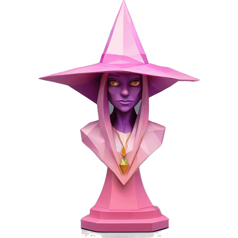 standalone sculpture Mage Witch Hat is geometric, faceted design. The sculpture is standing upright on a base with angular and Alphonse Mucha style. The vibrant midtone tints of pastels and pink highlights the sharp edges and planes.  emoji