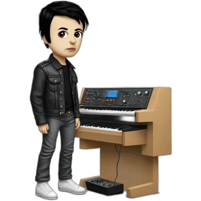 photo realistic, full body, Gary Numan in 1979, playing a Mini Moog, standing up, front view emoji