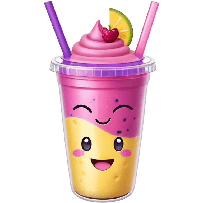 Cute Kawaii Smoothie Cup, filled with blended fruity goodness, a smiling face with excited eyes, bright colorful layers of pink, yellow, and purple, topped with a straw and tiny fruit slices! emoji