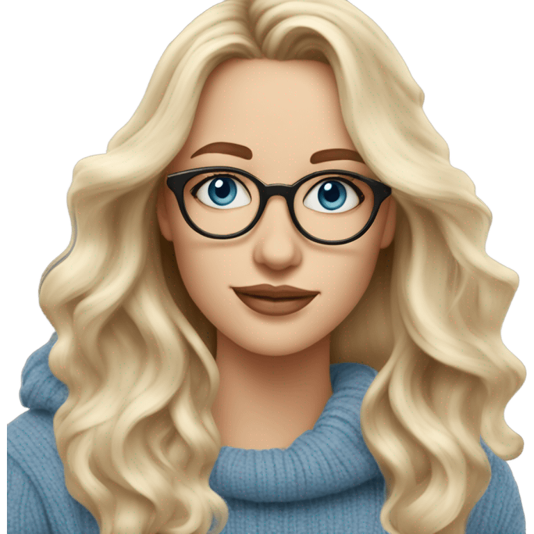 Blonde balayage long hair white women beige sweater blue eyes and small glasses holding coffee emoji