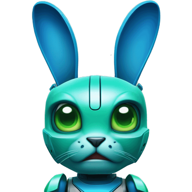 the  blue and green The robot rabbit with a fierce, determined expression, fist clenched in focus. emoji