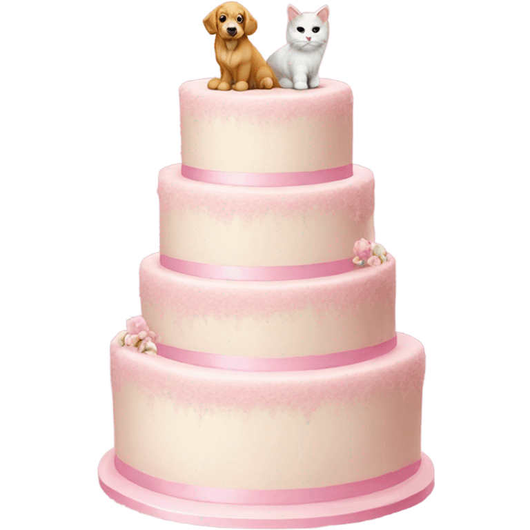 pink wedding cake with a golden retriever and fluffy white cat figures on top  emoji