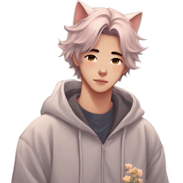 Gorgeous romantic anime style Asian shojo guy with cat ears and flowers and blushing face and hoodie aesthetic trending style outside emoji