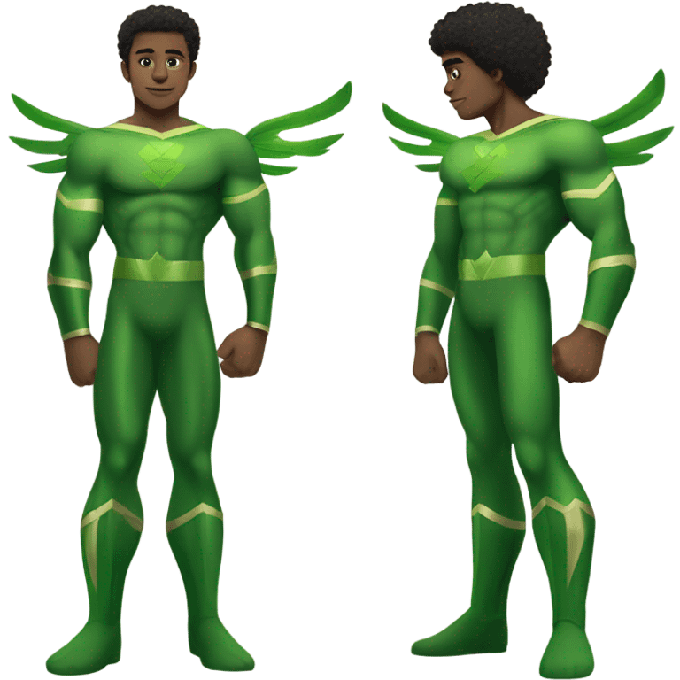 A full body Muscular Afro teenage boy standing in green superhero costume as the Sub Mariner or Prince Namor with “wings on each ankle. emoji