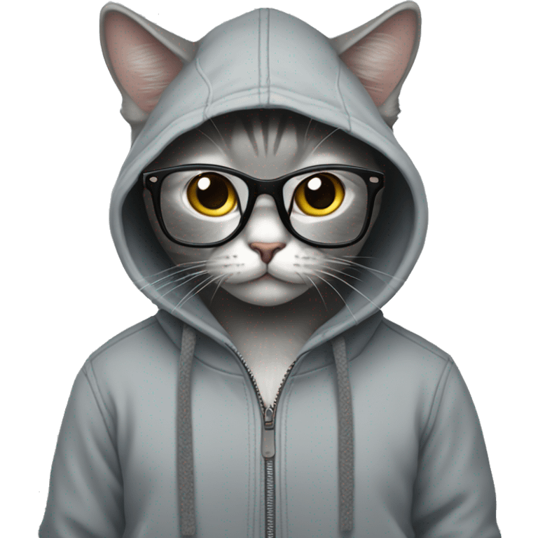 Cat with glasses wearing grey zip-hoodey  emoji