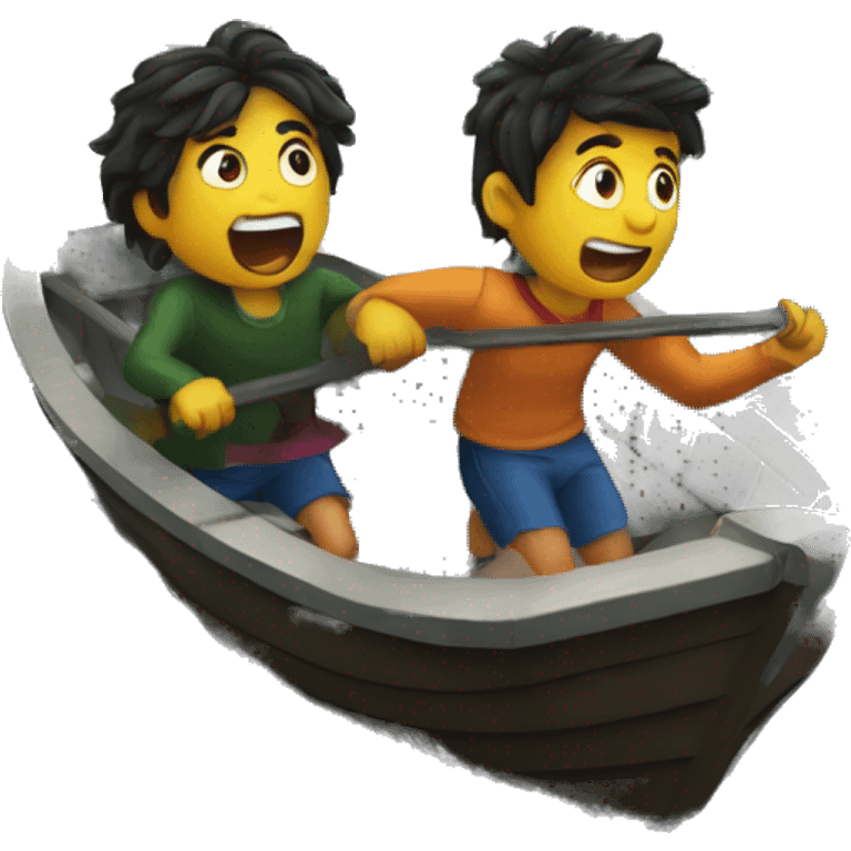 two friends escaping in boat in stormy ocean emoji