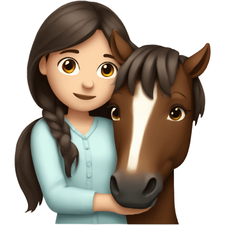 Girl with dark brown hair hugging brown horse with white spots  emoji