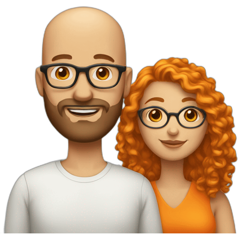 Bald man with beard and optical glasses and his wife with orange short curly and orange hair emoji