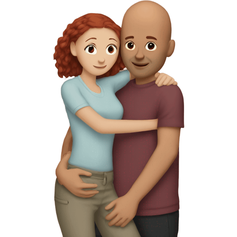 Bald guy with dark redhead girl hugging emoji