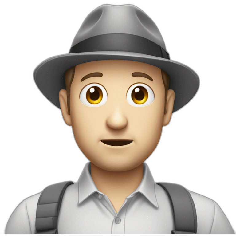 tim robinson wearing a grey fedora with a grey flap on the back white shirt looking scared emoji