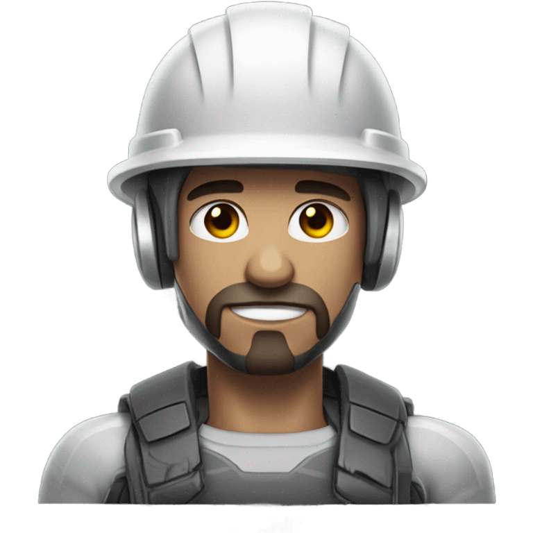 muscular cyborg face half human with short straight, dark hair, hardhat, and a neatly trimmed beard emoji