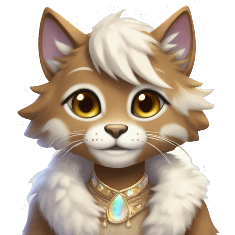 Furry, sparkle, iridescent, colorful, pastel, edgy, cool, fantasy beautiful, brown, beige, white, divine, godly, angelic, animal, anthro, full body, fursona, feline emoji