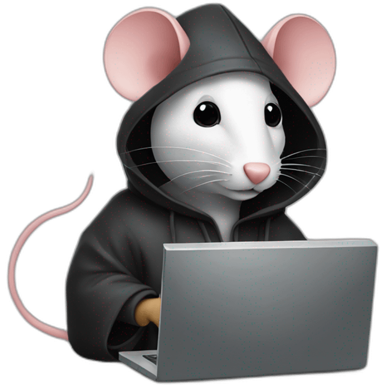 A black mouse with a hood, coding on a computer emoji