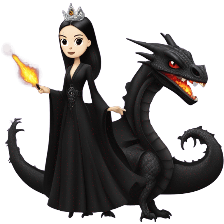 Lavish Victorian evening gown, young Morticia Addams Jedi wearing a mini tiara, riding on the back of a very large black shiny evil-looking fire-spewing horned dragon emoji