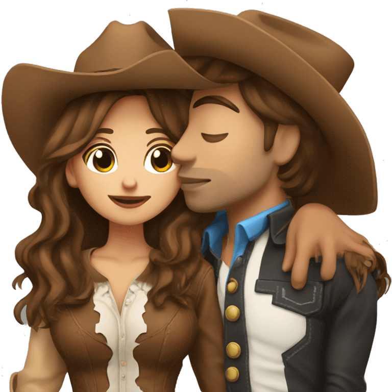 Cowboy with brown hair kissing cowgirl with brown hair emoji