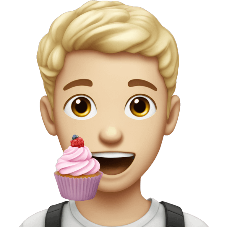 White skinned-Boy eating pastel pink cupcake with berries emoji