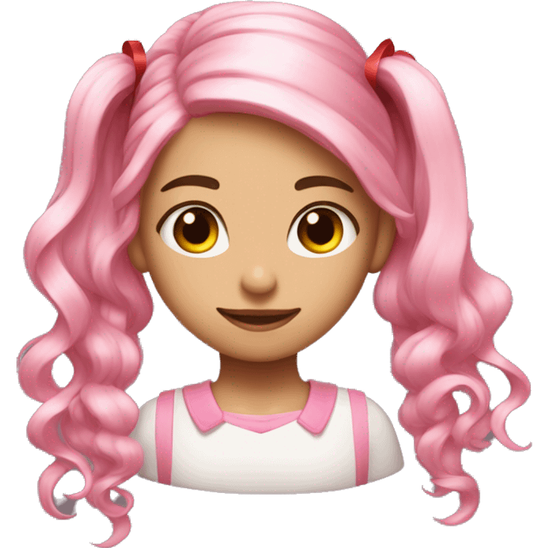 Girl with light pink hair and a ponytail supported by a red ribbon with long curly hair sides and pink eyes emoji