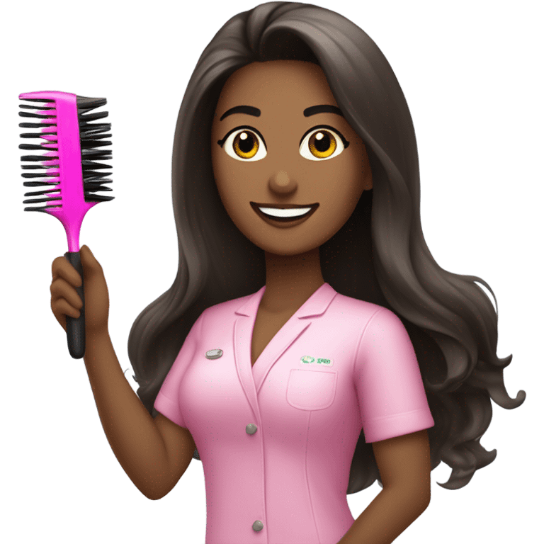 Long haired Brunette Esthetician wearing pink holding a fan brush emoji