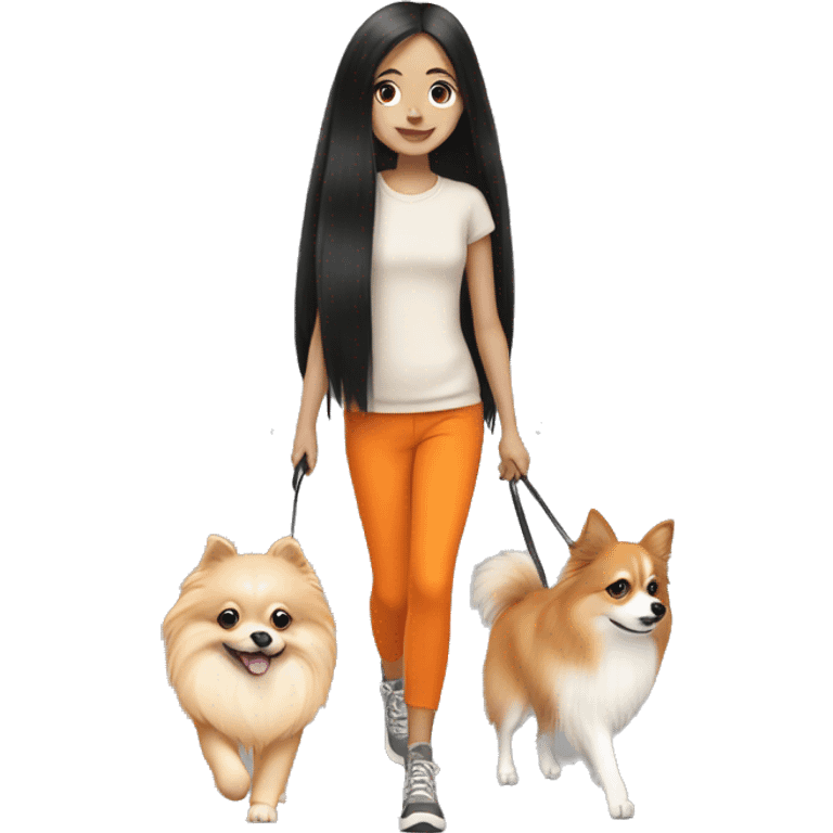 pale girl with long black hair walking with orange pomeranian emoji