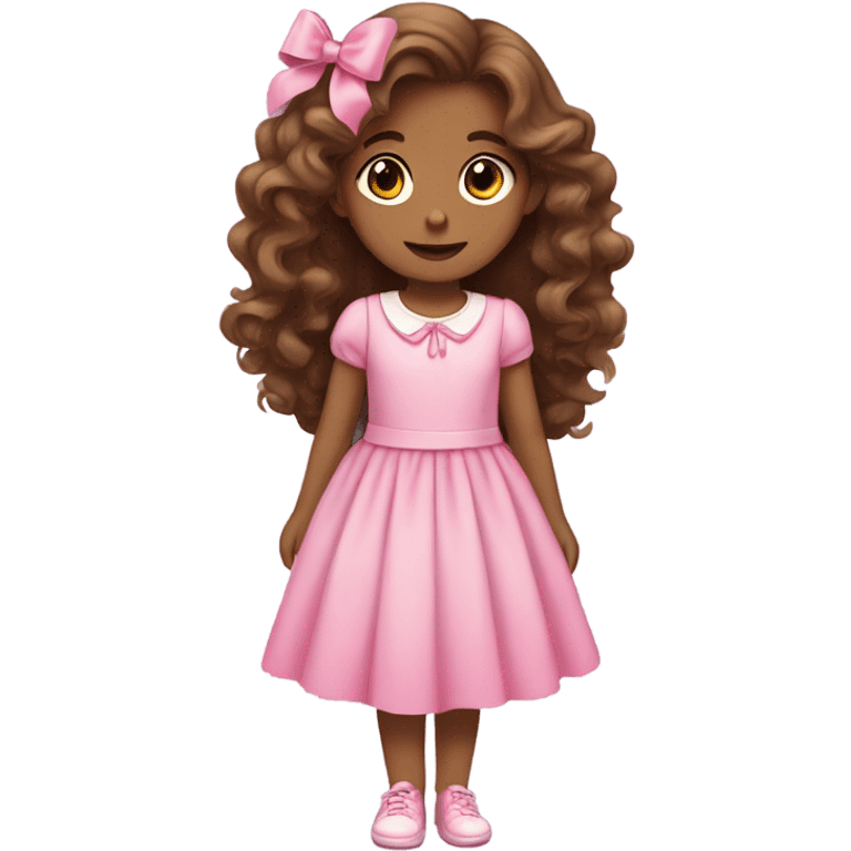 a girl with long brown wavy hair with pink bows, a cute dress, and nice shoes  emoji