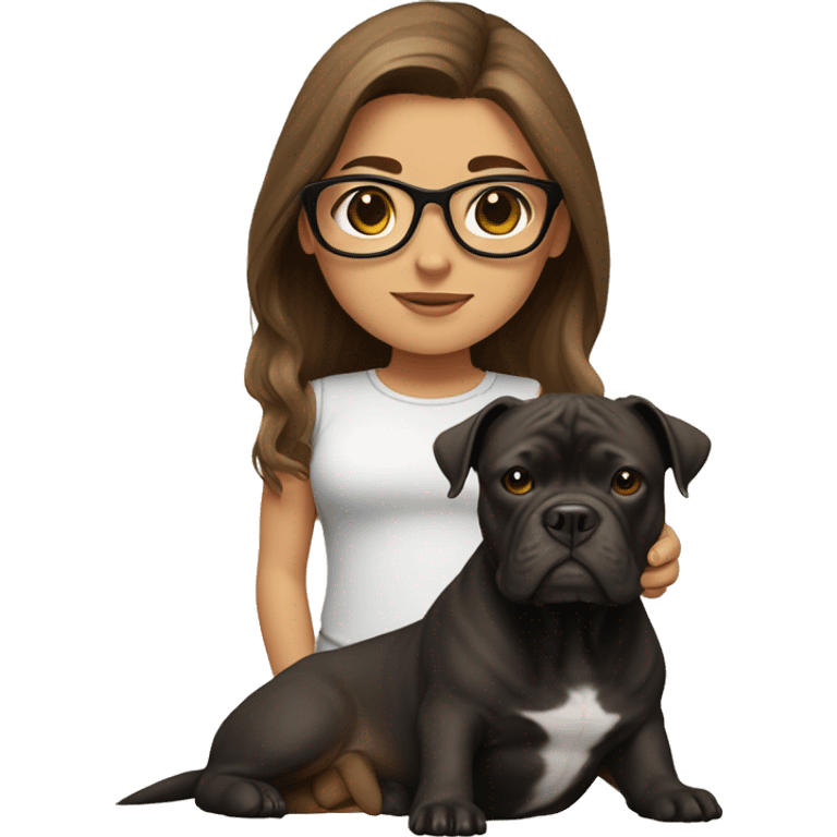 girl with long brown hair and beige glasses with a black american bully dog has a white belly emoji