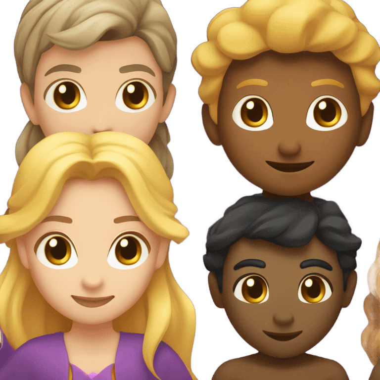 A female witch with light brown hair, a blonde female wizard, an Indian male merman, a female fairy with dark brown hair, shorter than the others, and a female siren with curly brown hair. emoji