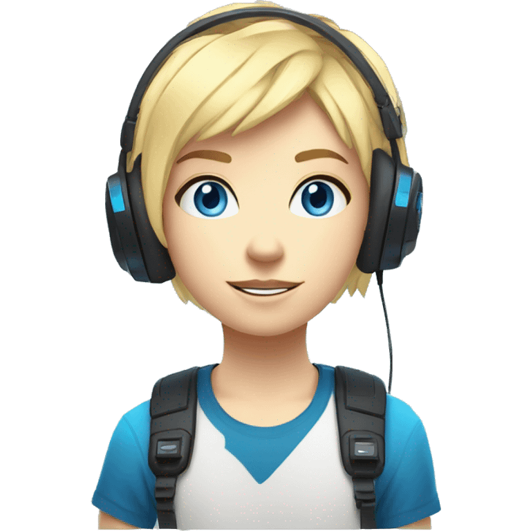 Blonde Short hair Gamer kid flat nose thin eyebrows with blue eyes with headset and gamepad with neon Lighting emoji